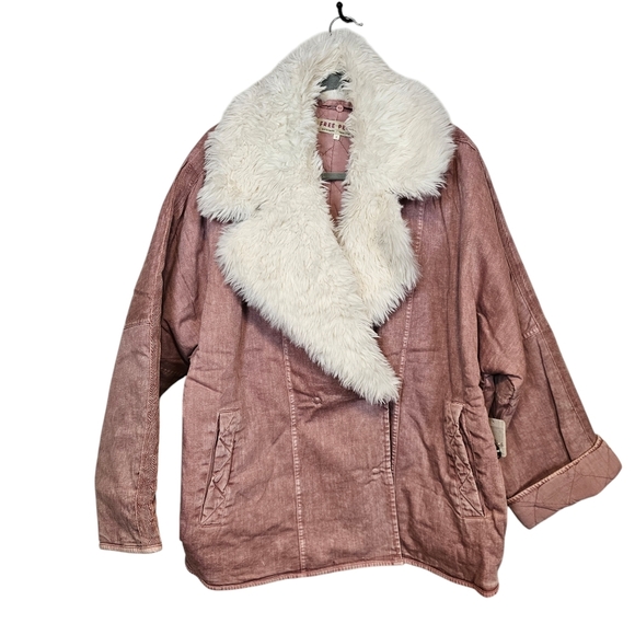 Free People Lolo Denim Mauve Faux Fur Collar Double Breasted Oversized Jacket - Picture 2 of 8
